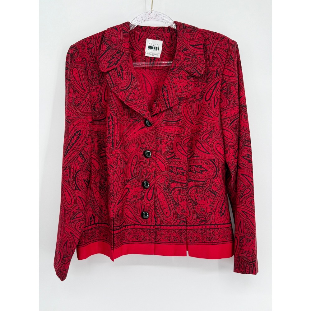 Leslie Fay Red Black Paisley Button Front Blazer Jacket Vintage Womens Sz 14